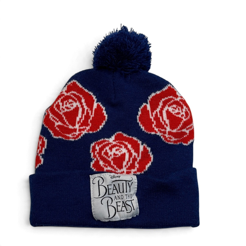 Disney Beauty and the Beast Rose Knit Beanie Pom Hat Navy Blue Red One Size